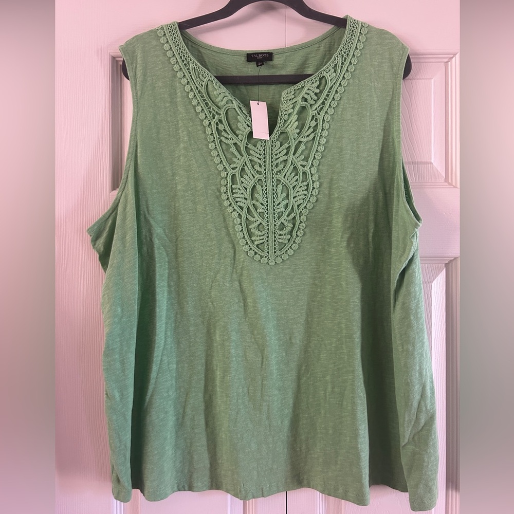 Talbots Tank Womens Size 3X Green Embroidered Sleeveless Shirt Spring NWT
